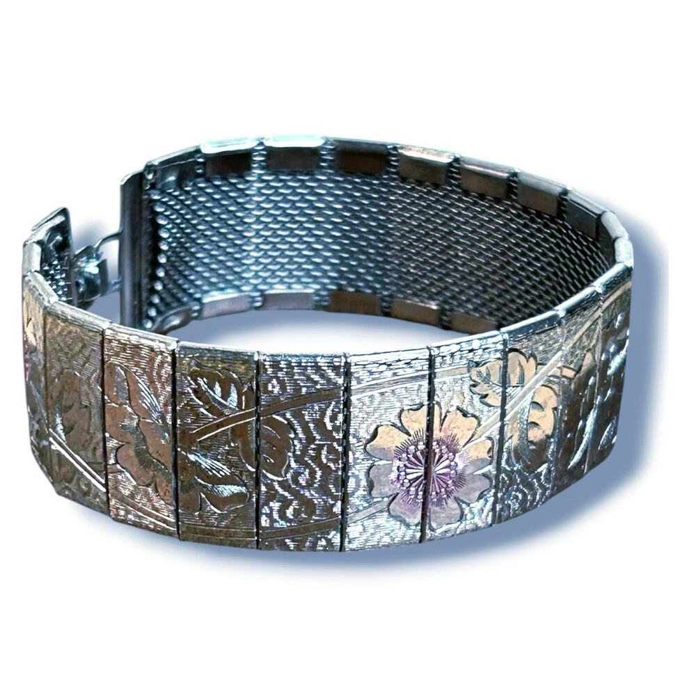 Vintage Floral Engraved Mesh Link Panel Bracelet Silver Tone with Pink 7" 1960s
